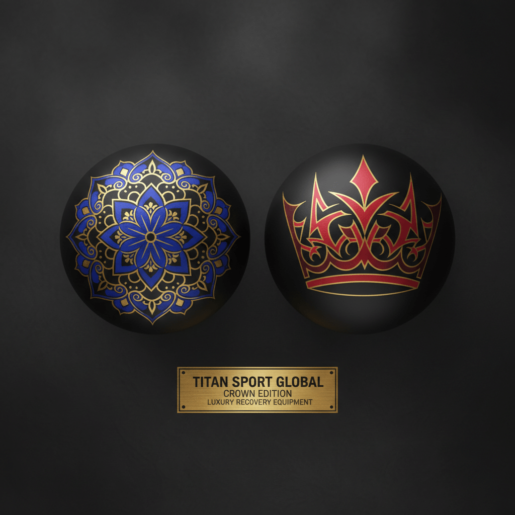 Two black massage balls: one with a blue/gold mandala, one with a red/gold crown design, above a gold brand plaque.