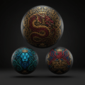 Three black massage balls featuring ornate gold, red, and blue graphics of a dragon, lion, and phoenix with crowns.