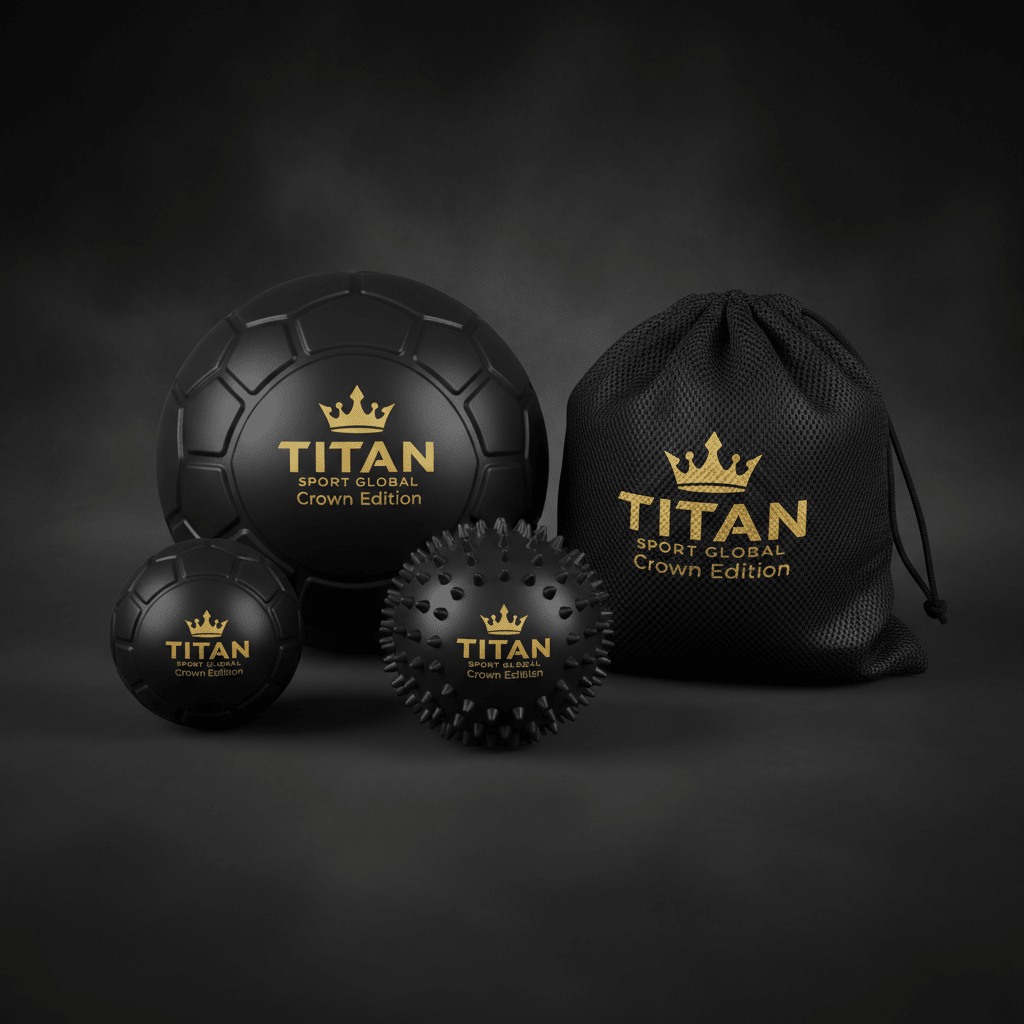TITAN Sport Global 3-piece black massage ball set with gold logos and a matching drawstring carry bag.