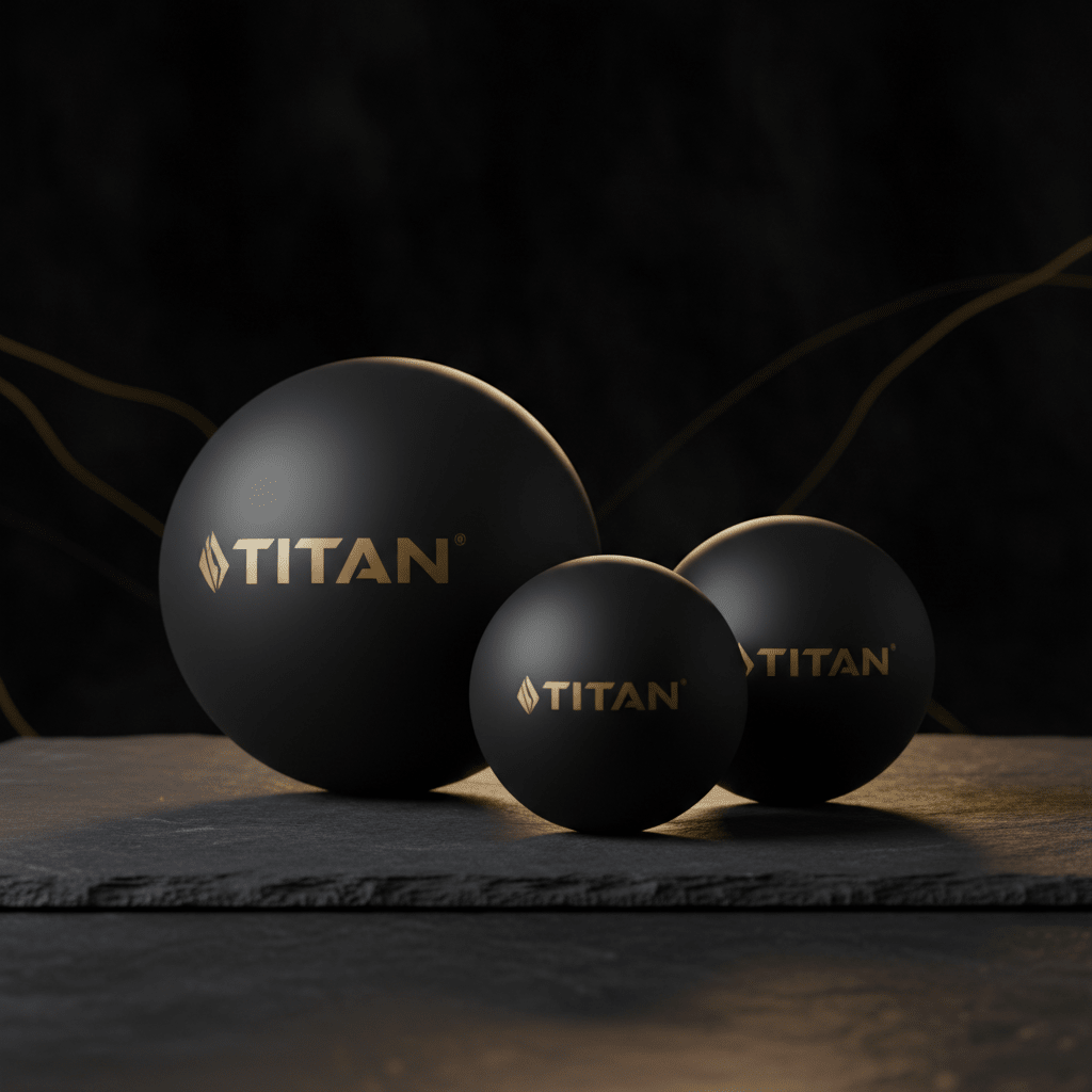 Three matte black Titan massage balls of varying sizes with gold logos, resting on a textured slate surface.