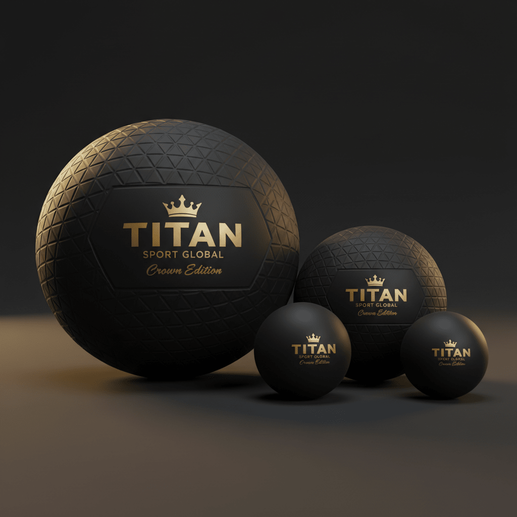 Four black massage balls of varying sizes with gold Titan Sport Global Crown Edition logos and textured surfaces.