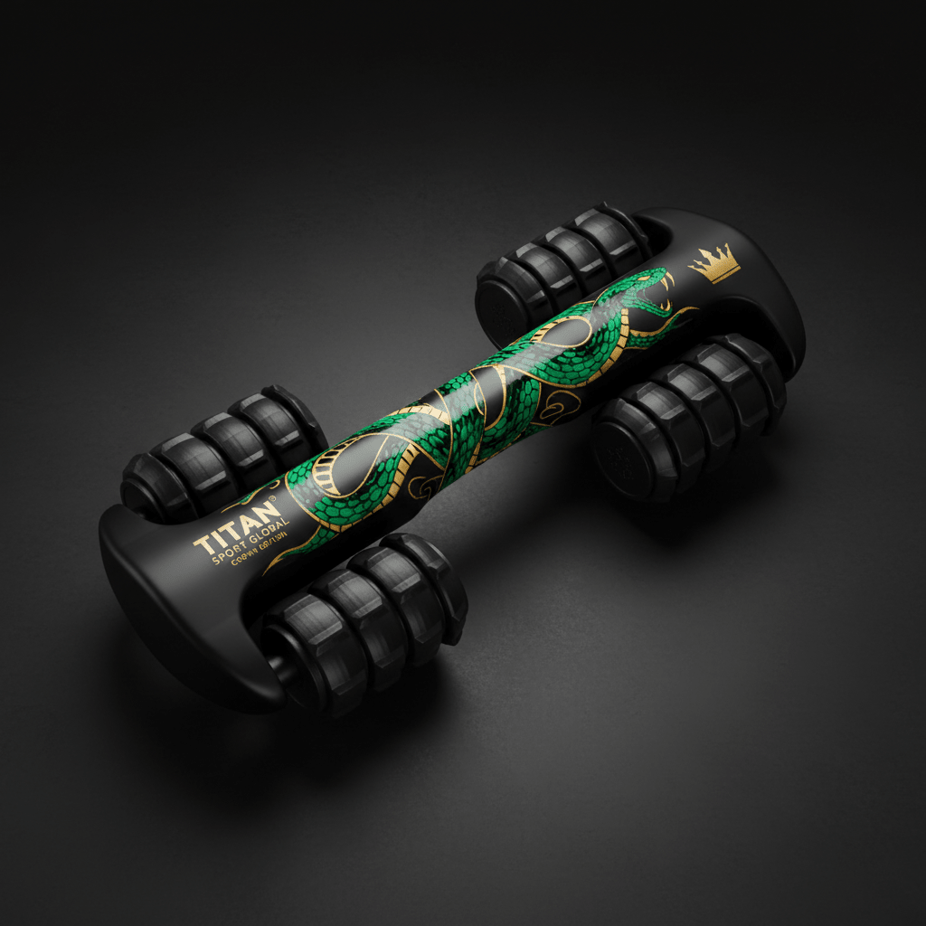 TITAN Sport Global massage roller with black textured wheels and a green snake graphic with gold accents on black.