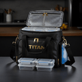 Black insulated TITAN meal prep bag with gold lettering, zippers, and included clear food containers and an ice pack.