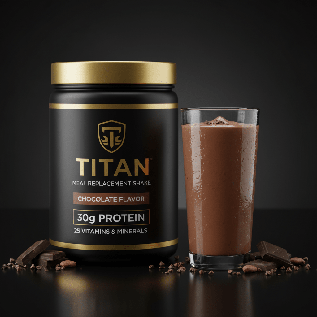 TITAN Chocolate Meal Replacement Shake tub with gold cap, next to a glass of chocolate shake and cocoa pieces.