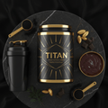 TITAN meal replacement shake jar in black and gold with shaker, protein powder scoops, chocolate, and almonds.