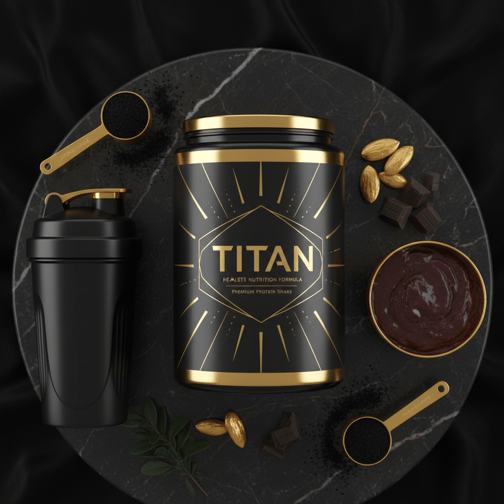 TITAN meal replacement shake jar in black and gold with shaker, protein powder scoops, chocolate, and almonds.