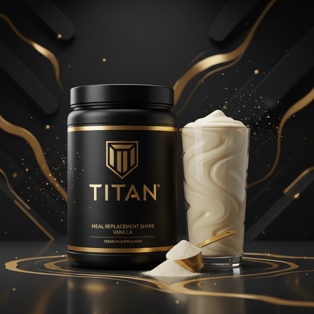 Black tub of TITAN Vanilla meal shake with gold logo, next to a creamy shake glass, gold scoop, and golden accents.