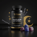 TITAN 10mg Melatonin sleep gummies in a black bottle, accented with gold text, crescent moon, stars, and lavender.