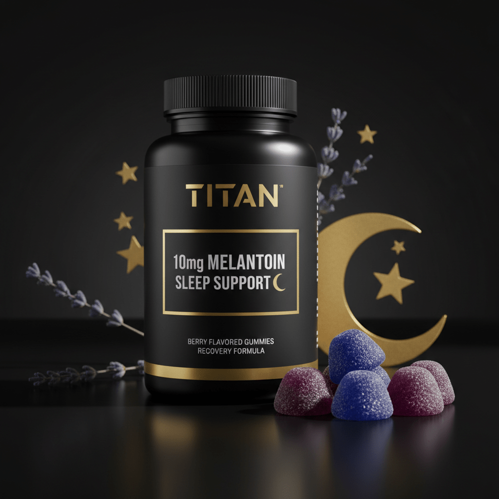 TITAN 10mg Melatonin sleep gummies in a black bottle, accented with gold text, crescent moon, stars, and lavender.