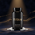 Black bottle with gold "TITAN" logo and "MELATOIN SLEEP SUPPORT" label, surrounded by white tablets on a dark background.