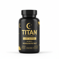 Black supplement bottle with gold "TITAN" logo, crescent moon icon, and "Sleep Support" text. 120 tablets, 5mg.
