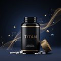 Black bottle of TITAN Melatonin with gold cap and accents, surrounded by white pills against a dark blue background.