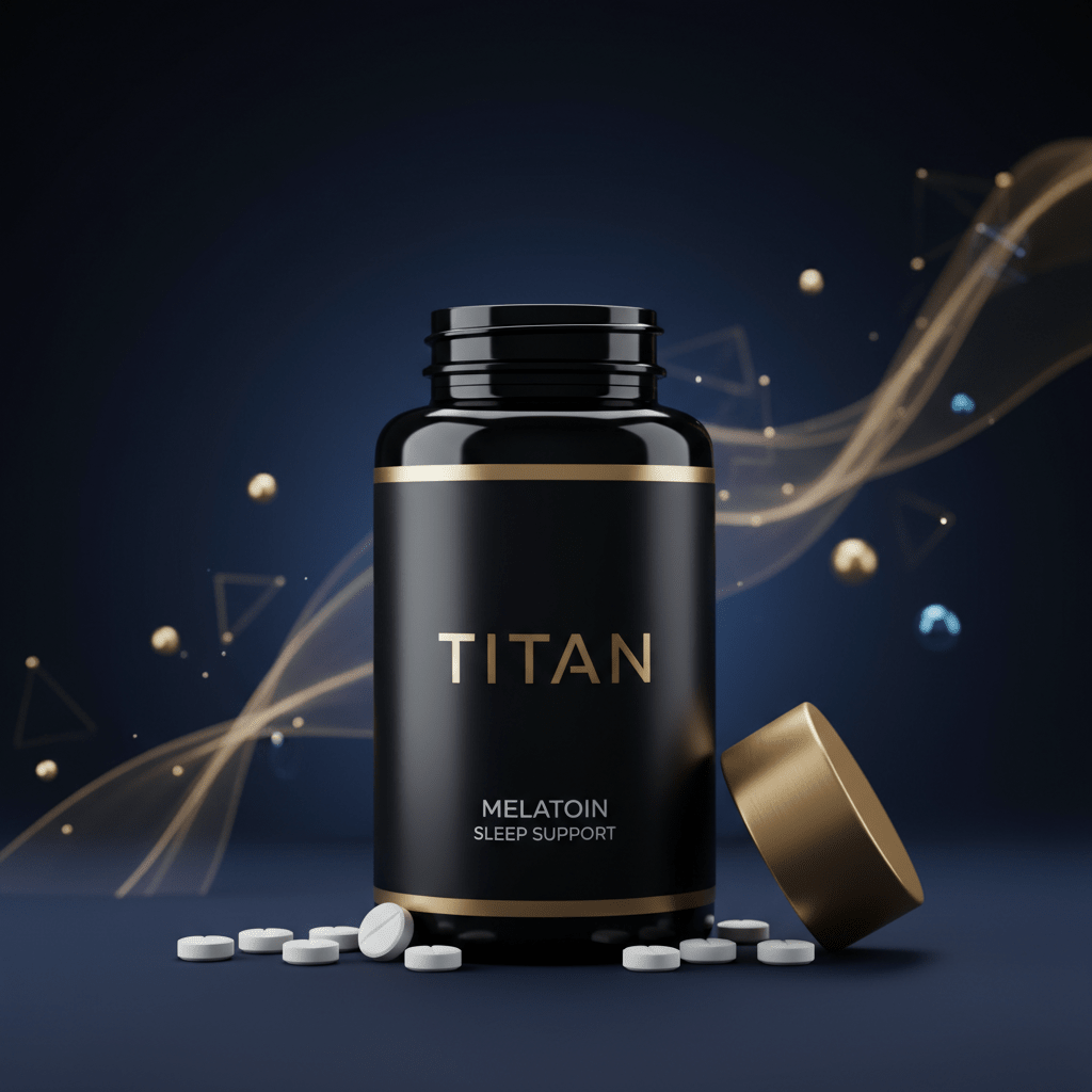 Black bottle of TITAN Melatonin with gold cap and accents, surrounded by white pills against a dark blue background.