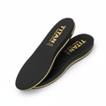 Pair of black memory foam insoles with gold TITAN branding and a thin gold side stripe on a white background.