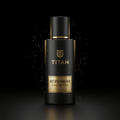 Matte black bottle of TITAN Men’s Aftershave Balm with a gold label, logo, and sparkling gold accents on black background.