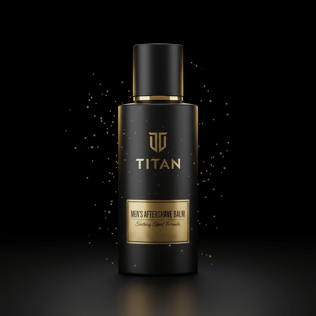 Matte black bottle of TITAN Men’s Aftershave Balm with a gold label, logo, and sparkling gold accents on black background.