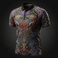 Black performance polo featuring a vibrant, multi-colored graphic of a winged lion, crowns, and swords.