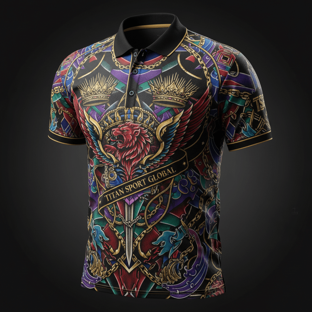 Black performance polo featuring a vibrant, multi-colored graphic of a winged lion, crowns, and swords.