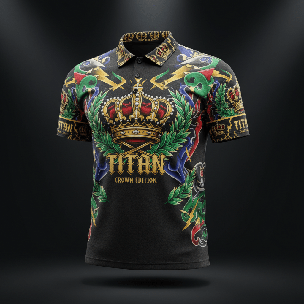 Black performance polo featuring a central gold crown, green laurel wreaths, "TITAN" text, and vibrant royal design.