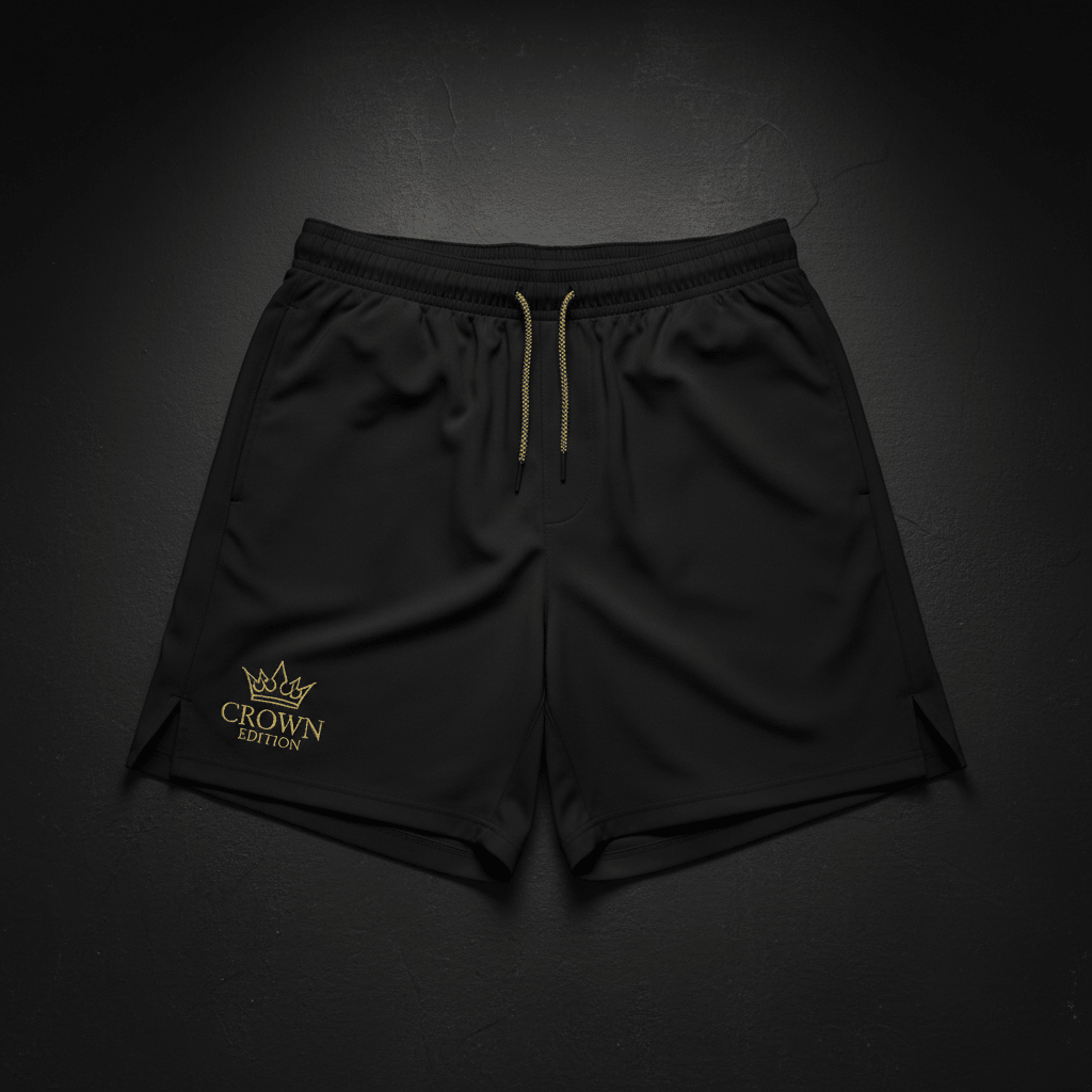 Black 5" performance athletic shorts with gold drawstring and gold "CROWN EDITION" crown logo on the right leg.