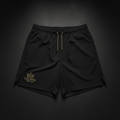 Black 5" performance athletic shorts with gold drawstring and gold "CROWN EDITION" crown logo on the right leg.