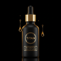 Matte black TITAN beard oil bottle with gold dropper, label, and hovering golden oil droplets on a black background.