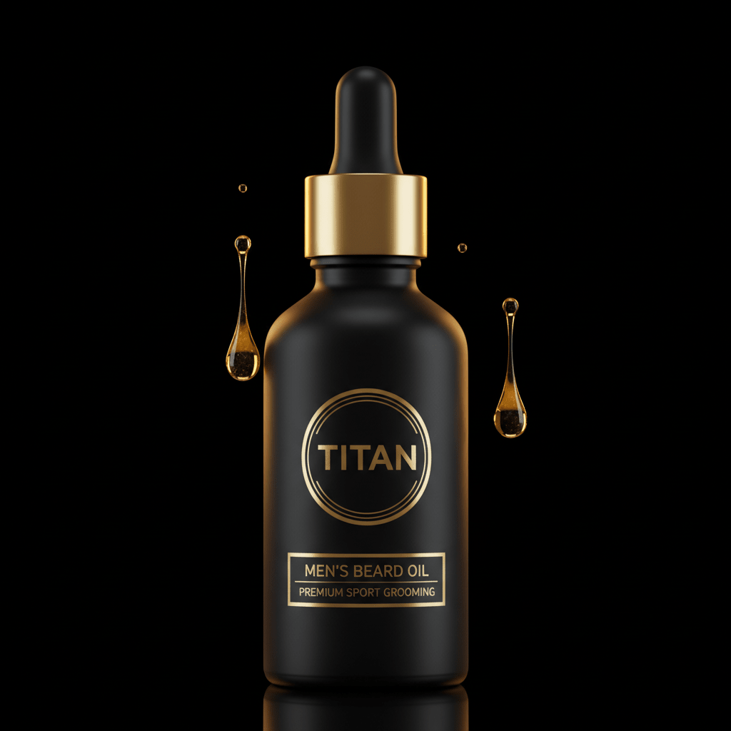 Matte black TITAN beard oil bottle with gold dropper, label, and hovering golden oil droplets on a black background.