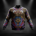 Black bomber jacket featuring a central gold crown, eagle, and lion graphic with purple and red abstract accents.