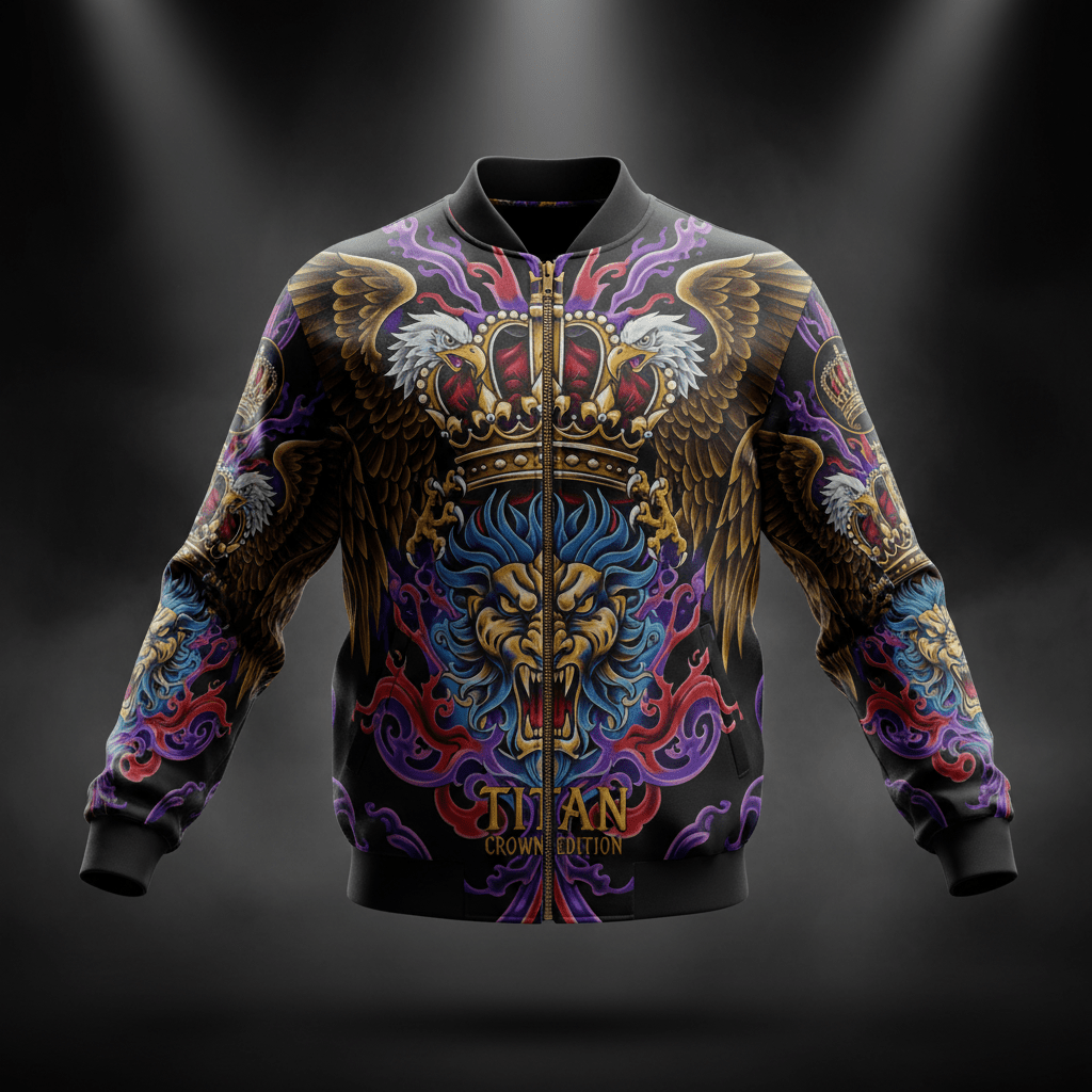 Black bomber jacket featuring a central gold crown, eagle, and lion graphic with purple and red abstract accents.