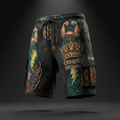 Black Titan training shorts featuring a vibrant "Crown Edition" graphic, gold crowns, lightning bolts, and cargo pockets.