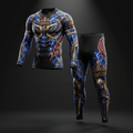TITAN men’s compression set featuring blue lightning, gold crowns, wings, chains, and red rose accents on black.