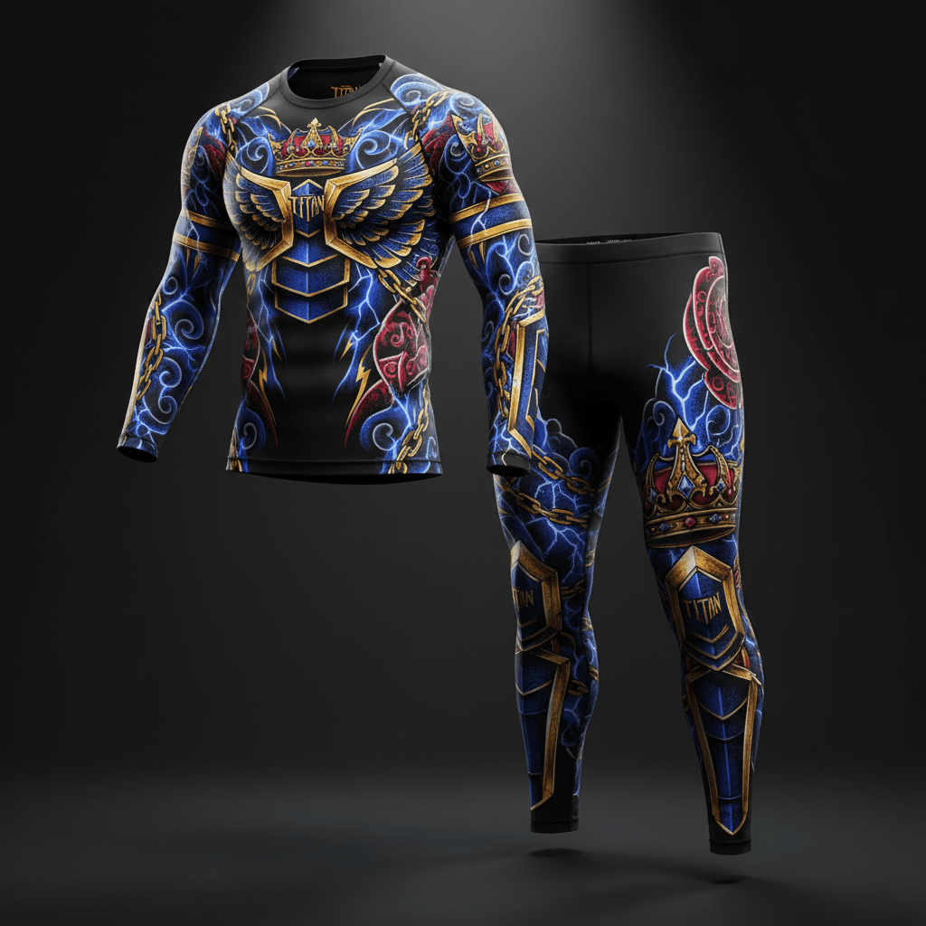 TITAN men’s compression set featuring blue lightning, gold crowns, wings, chains, and red rose accents on black.