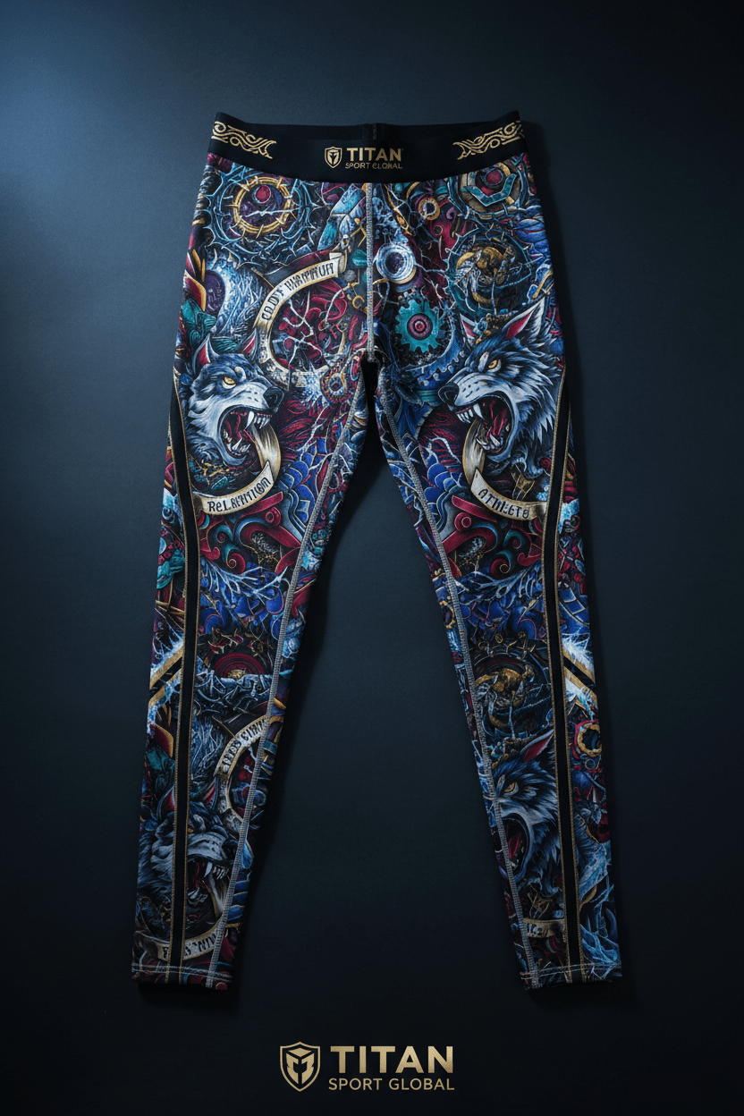 TITAN men's compression tights featuring a vibrant blue wolf, gear, and banner print with a black branded waistband.