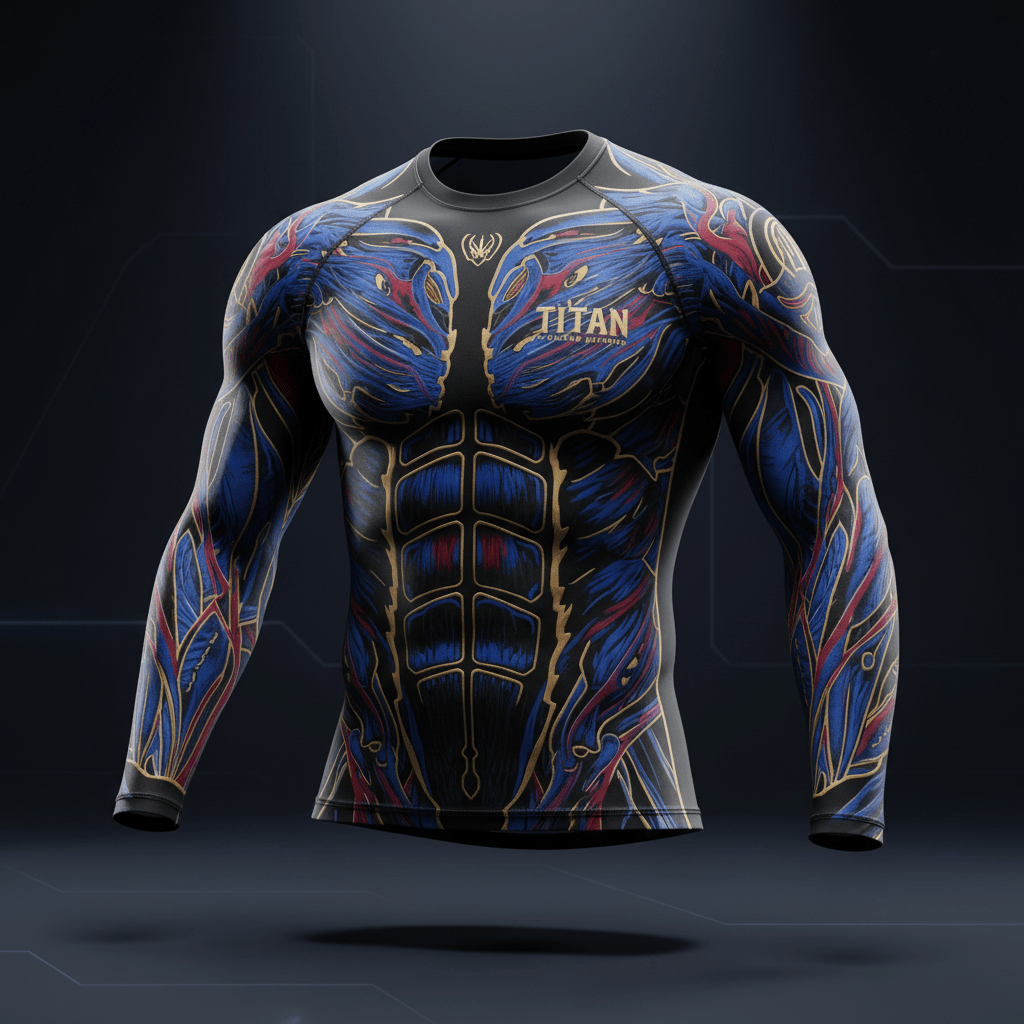 TITAN men's long-sleeve compression shirt with blue, red, and gold muscle-anatomy print on a black base.