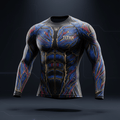 TITAN men's long-sleeve compression shirt with blue, red, and gold muscle-anatomy print on a black base.