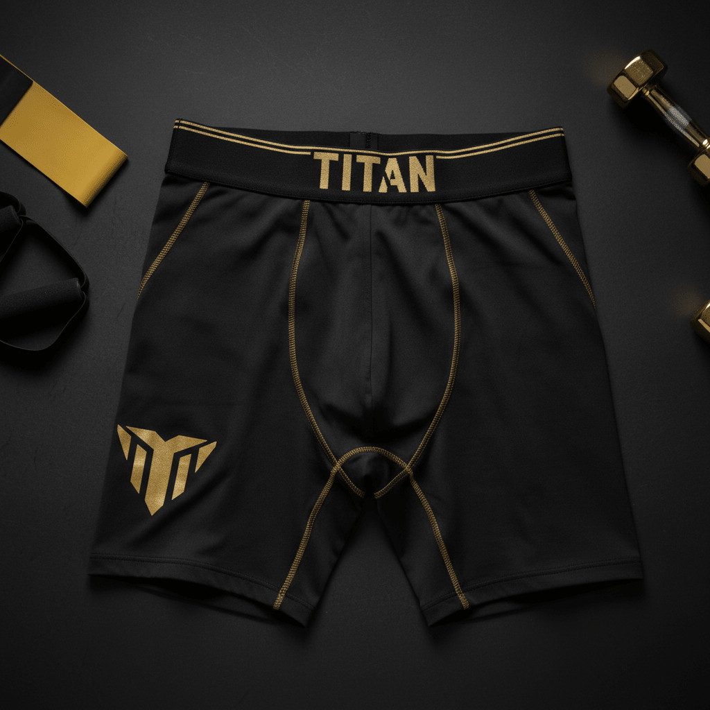 Black performance compression shorts with gold contrast stitching, a gold waistband logo, and a side graphic.