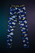 TITAN full-length compression tights with blue, black, and metallic gold geometric pattern and branded elastic waist.