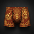 Burnt orange boxer briefs featuring a gold lion, crown, and flame pattern with geometric and occult-style symbols.