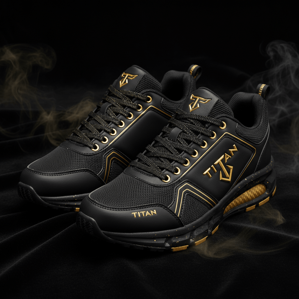 TITAN men's basketball shoes in matte black with gold accents, metallic logos, mesh detailing, and smoke effects.