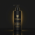 Matte black pump bottle of TITAN Deep Cleanse Sport Face Wash with elegant gold lettering and logo on black background.