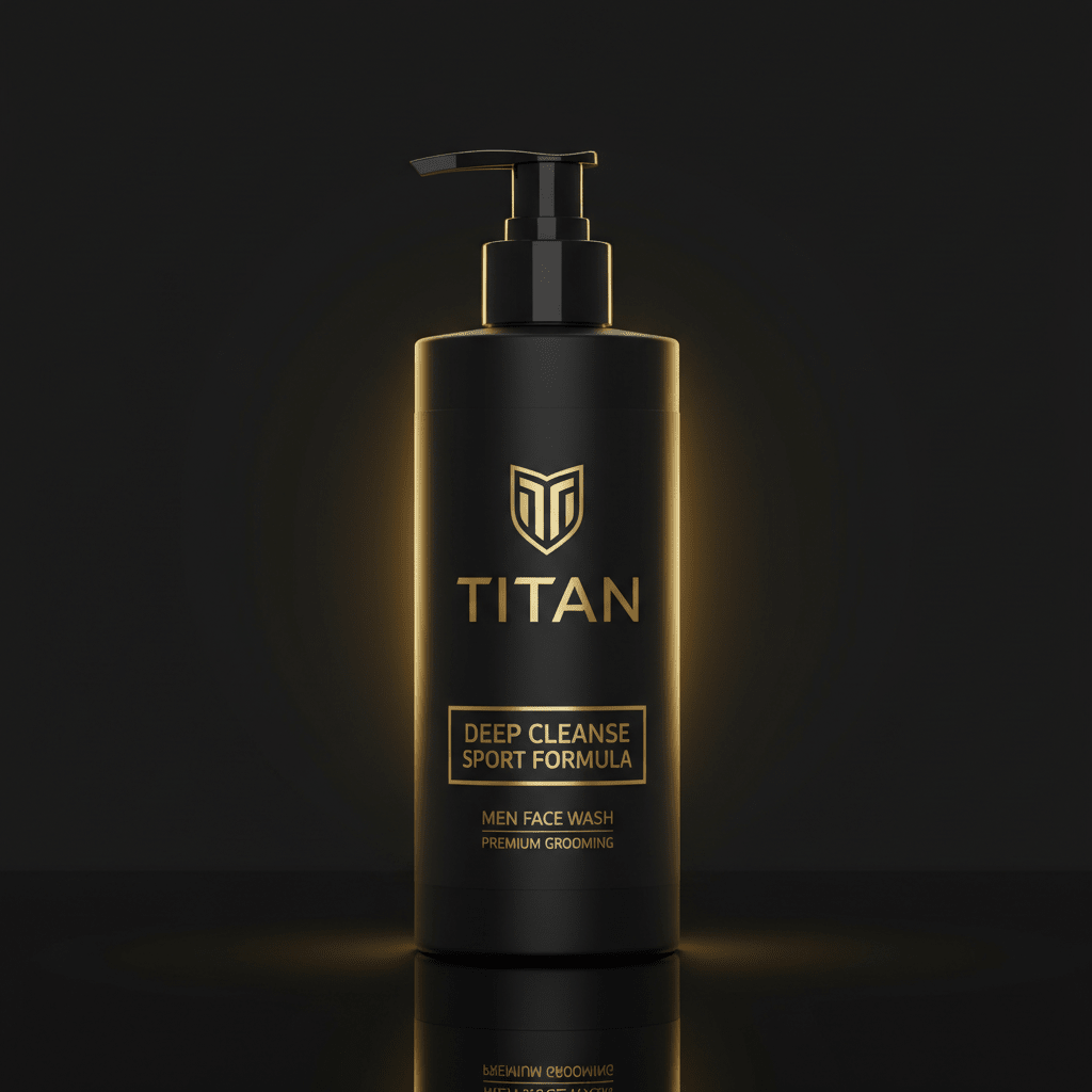 Matte black pump bottle of TITAN Deep Cleanse Sport Face Wash with elegant gold lettering and logo on black background.