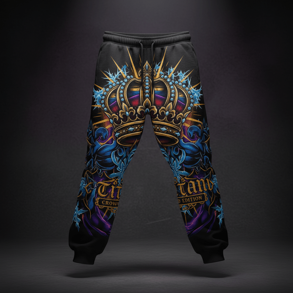 Black fleece joggers featuring a large gold crown, blue floral accents, and Titan Crown Edition graphic branding.
