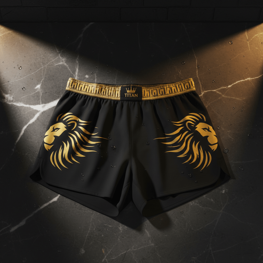 Black 5" running shorts with a gold lion logo on each leg and a gold, patterned waistband featuring the TITAN logo.