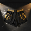 Black 5" running shorts with a gold lion logo on each leg and a gold, patterned waistband featuring the TITAN logo.