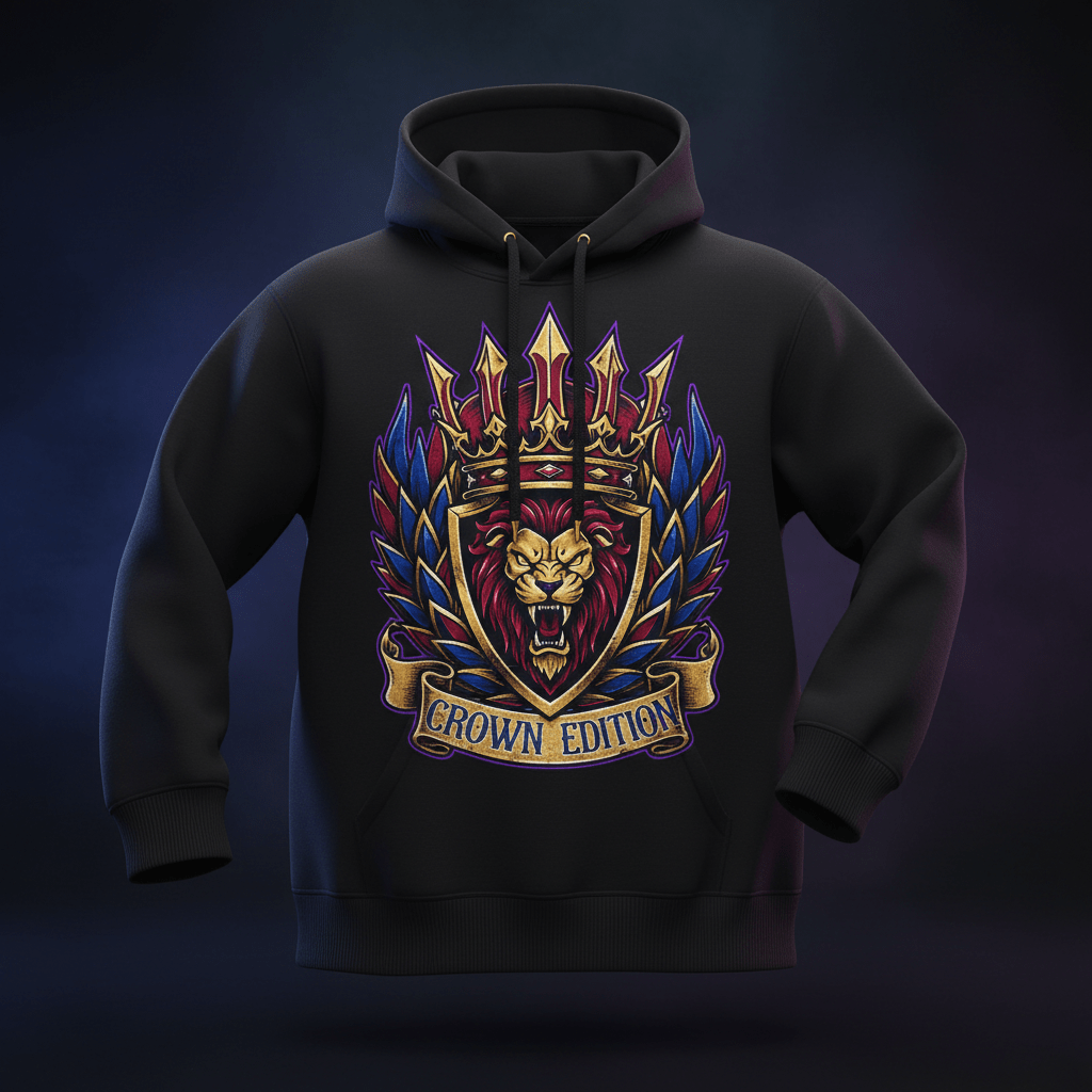 Black hoodie featuring a graphic of a roaring lion in a crown, shield, and wings, with "CROWN EDITION" text below.