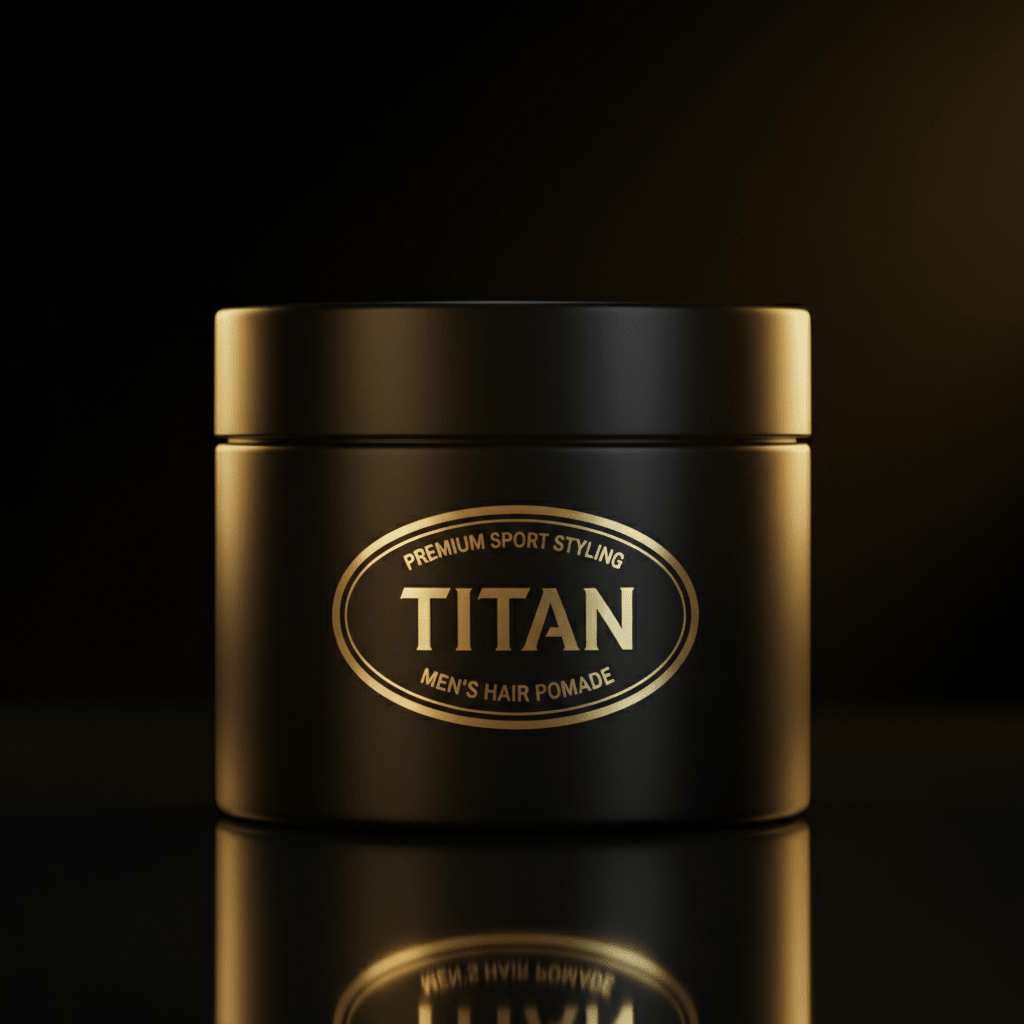 Matte black jar of TITAN men's hair pomade with a centered gold oval label, set against a dark reflective background.