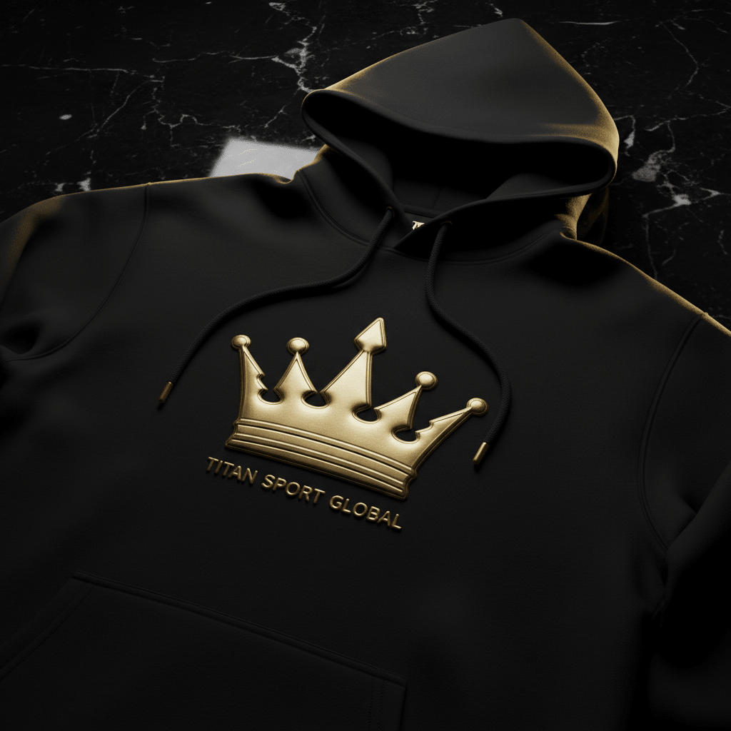 Matte black heavyweight hoodie with 3D gold crown emblem and TITAN SPORT GLOBAL logo on a black marble background.