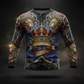 Black long-sleeve henley featuring a golden crown, roaring lion heads, and "Crown Edition" text in vibrant graphic art.