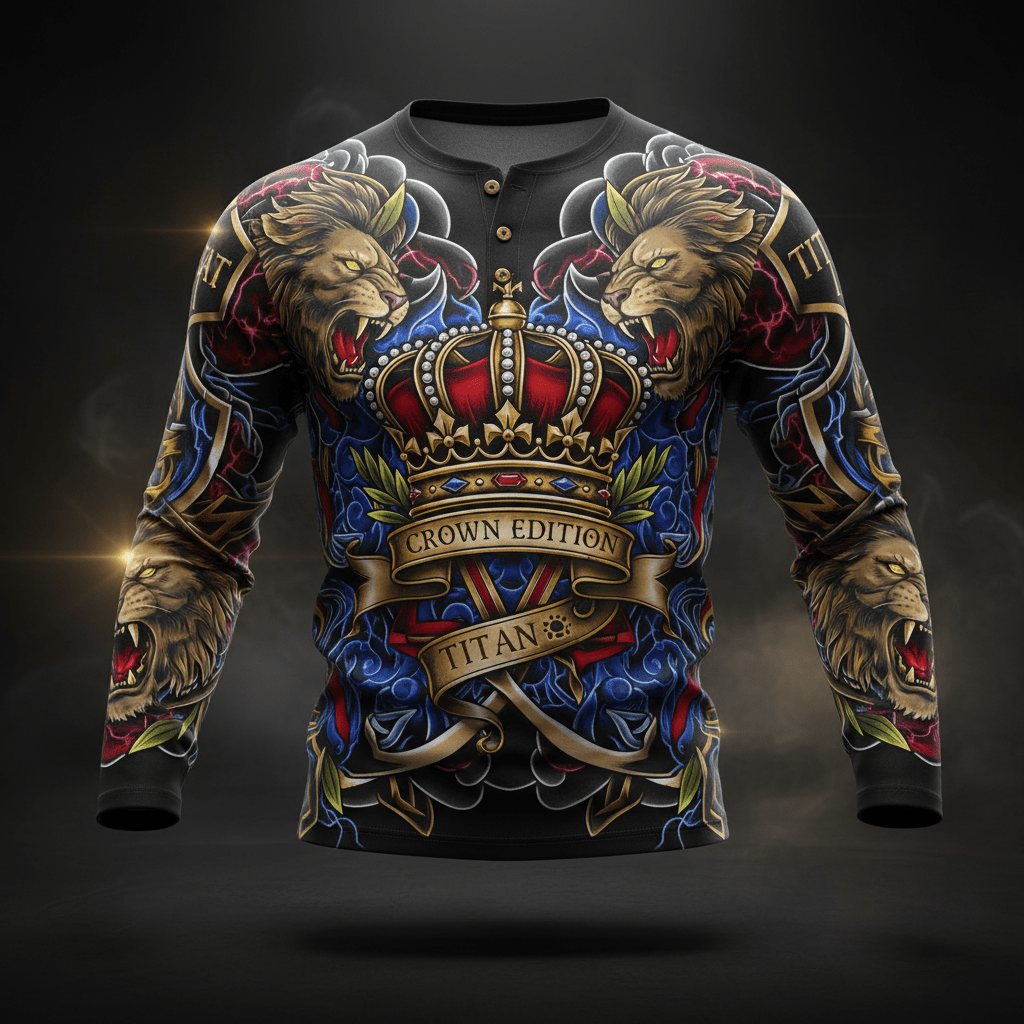 Black long-sleeve henley featuring a golden crown, roaring lion heads, and "Crown Edition" text in vibrant graphic art.