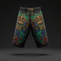 Black TITAN jogger shorts featuring vibrant gold crowns, scrolling green/blue designs, and "CROWN EDITION" text.